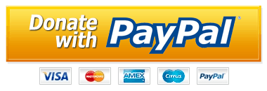 A yellow "Donate with PayPal" button with logos below for Visa, Mastercard, American Express, Cirrus, and PayPal, indicating accepted payment methods.