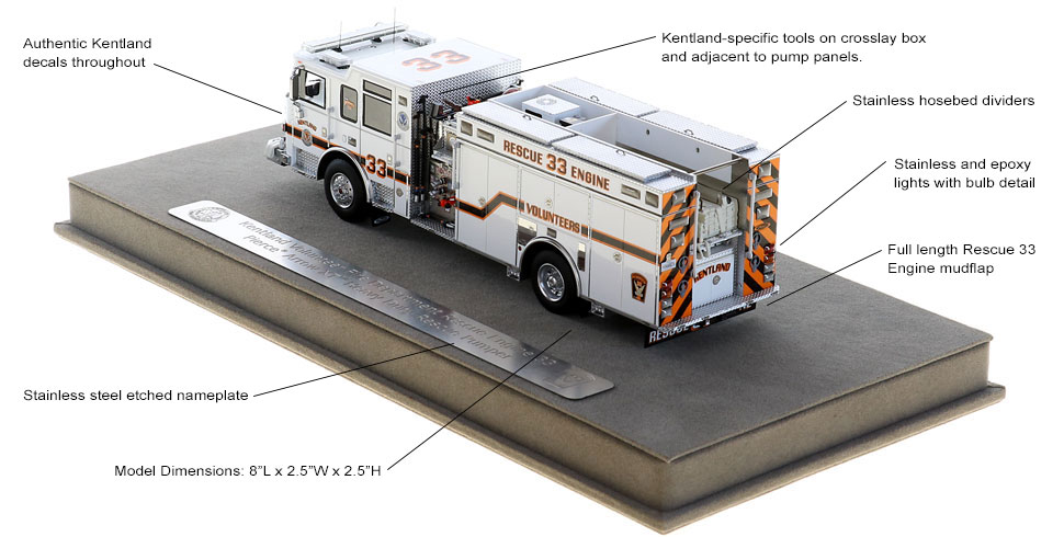 A detailed model fire truck on a display base, featuring labels pointing to Kentland decals, etched nameplate, crosslay box tools, hosebed dividers, epoxy lights, full-length mudflap, and model dimensions.