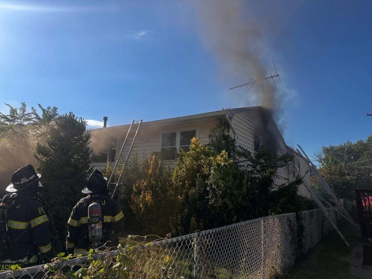 Two firefighters in gear stand outside a two-story house with smoke billowing from the windows and roof. Ladders are propped against the house, and trees and bushes line the yard. The sky is clear and blue.