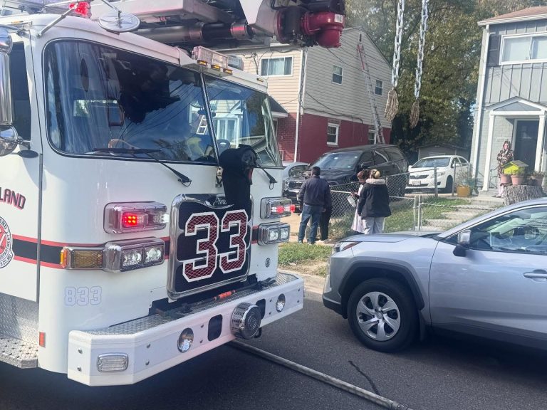 A fire truck labeled "33" is parked on a residential street next to a gray SUV. Several people stand outside nearby houses, observing the scene. Another car is visible on a lawn, partially off the driveway.