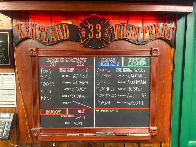 A wooden bulletin board for Kentland 33 Volunteers lists names and roles for Engine Company, Squad Company, Tower Ladder, and Buggy sections in white chalk on blackboards, with headers in bold orange and gold letters.